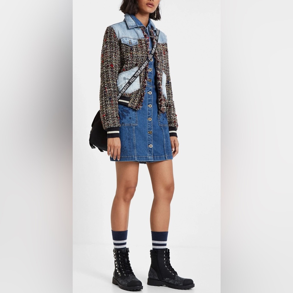DESIGUAL Multicolor Tweed Jacket/Denim Varsity Jacket size EU 38/US S